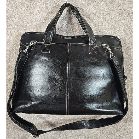 Fossil Black Leather Padded Laptop Tote Bag Computer Organizer Adjustable Strap - Picture 1 of 16
